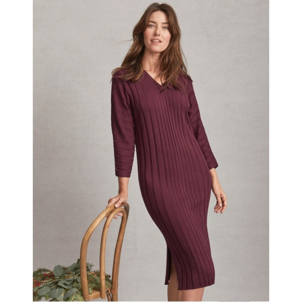 Garnet Hill Silk Cotton Ribbed Knit V-Neck Midi Dress Burgundy XS 50671